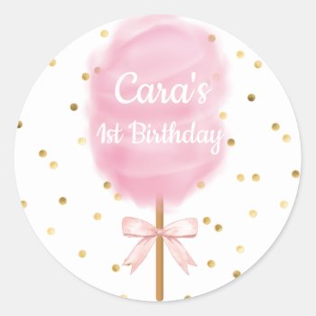 Candy Land Cotton Candy Pink Birthday Party Invita Classic Round Sticker by ThreeFoursDesign at Zazzle