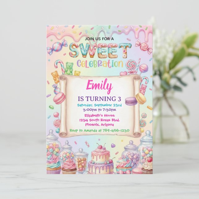 Candy Land Girl Birthday Sweet Celebration Rainbow Invitation (Standing Front)