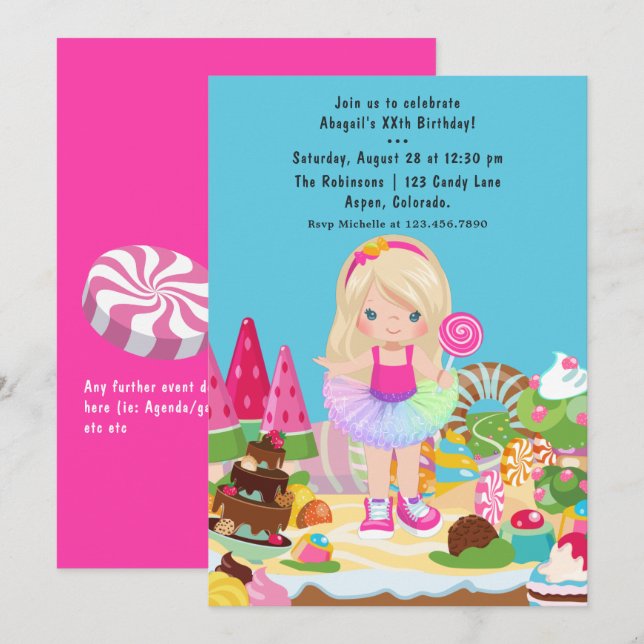 Candy Land Tutu Girl Birthday Party Invitation (Front/Back)