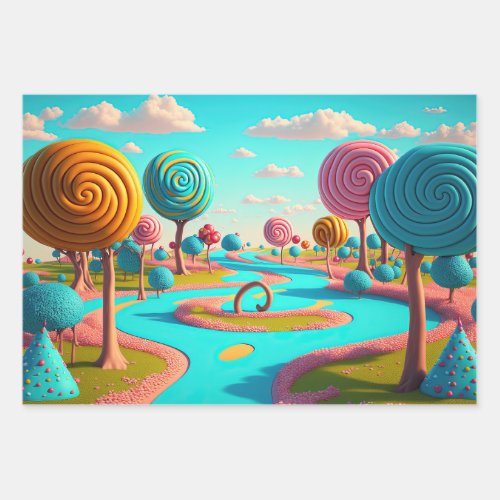 Candy Lane Lollipop Trees Gum Drop Forest Colorful Wrapping Paper Sheets