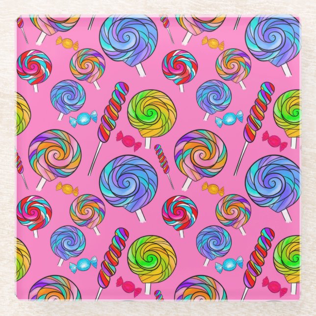 Candy Lollipop Fun Pink Rainbow Glass Coaster (Front)