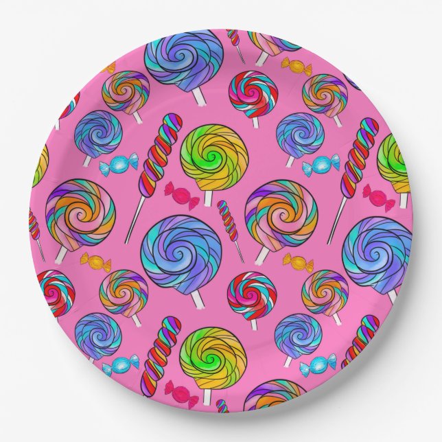 Candy Lollipop Fun Pink Rainbow Paper Plates (Front)