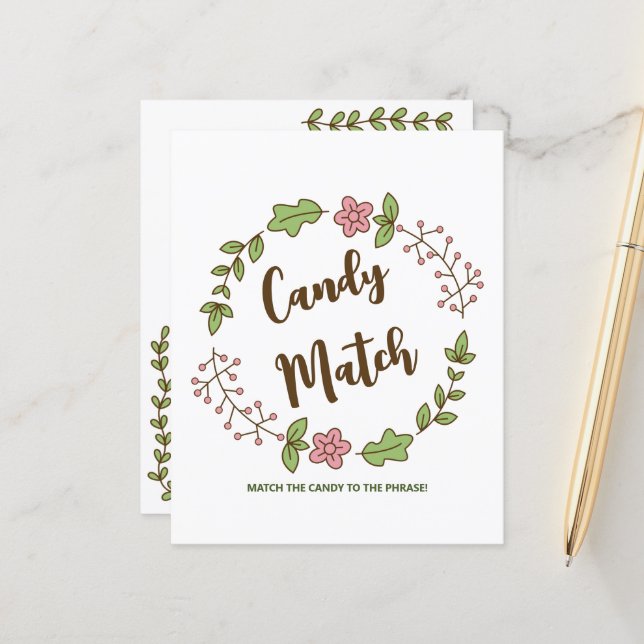 Candy Match Paper Sheet Bridal Shower Game (Front/Back In Situ)