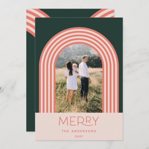 Candy pastel pink stripe rainbow 1 photo Christmas Holiday Card