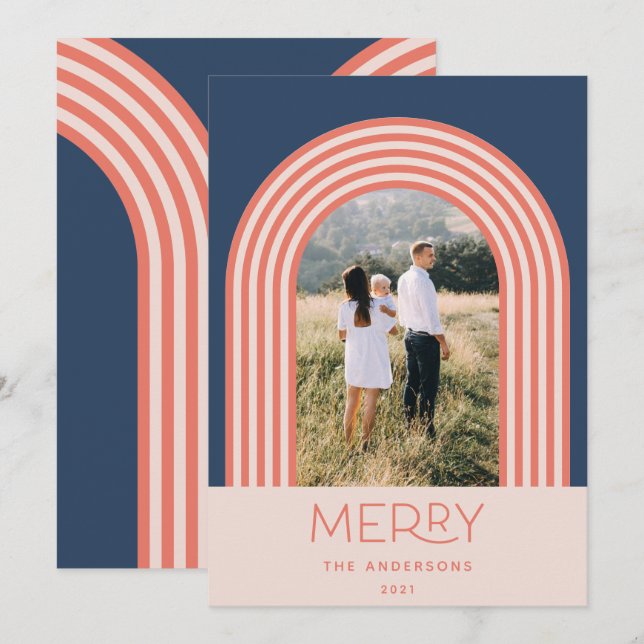 Candy pastel pink stripe rainbow 1 photo Christmas Holiday Card (Front/Back)