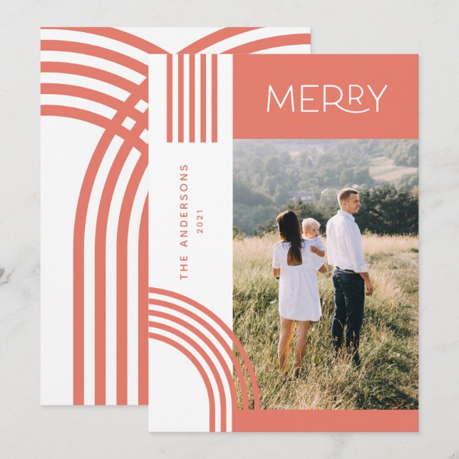 Candy pastel pink stripe rainbow 1 photo Christmas Holiday Card (Front/Back)