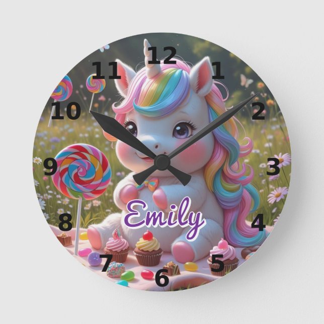 Candy Picnic Unicorn Wall Clock – Editable Name (Front)