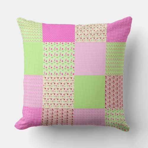 Candy Pink and Green Ditsy Patchwork Large Throw Pillow