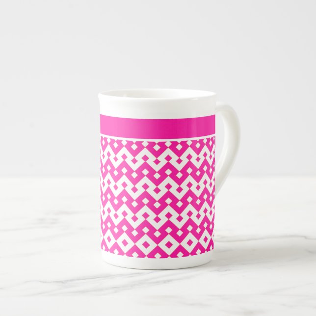 Candy Pink and White Geometric Islamic Pattern Bone China Mug (Front Right)