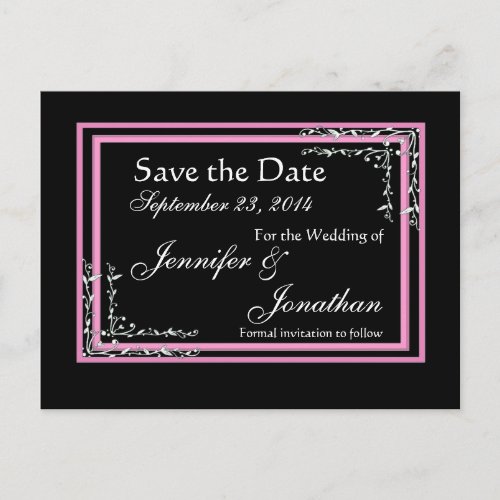 Candy Pink  Black Scroll Save Date Wedding Announcement Postcard