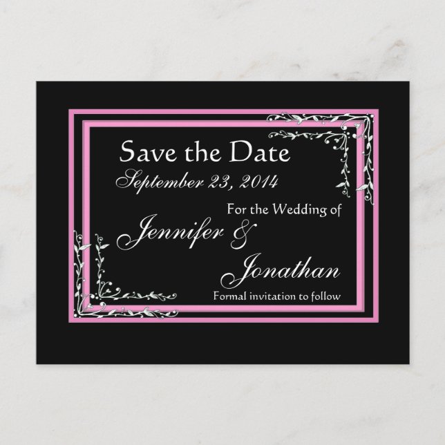 Candy Pink & Black Scroll Save Date Wedding Announcement Postcard (Front)