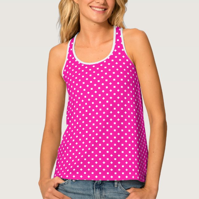 Candy Pink White Girly Square Polka Dot Pattern Tank Top (Front)