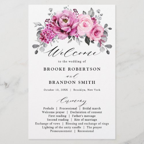 Candy Pink White Silver Floral Wedding Program