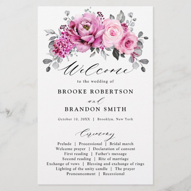 Candy Pink White Silver Floral Wedding Program (Front)