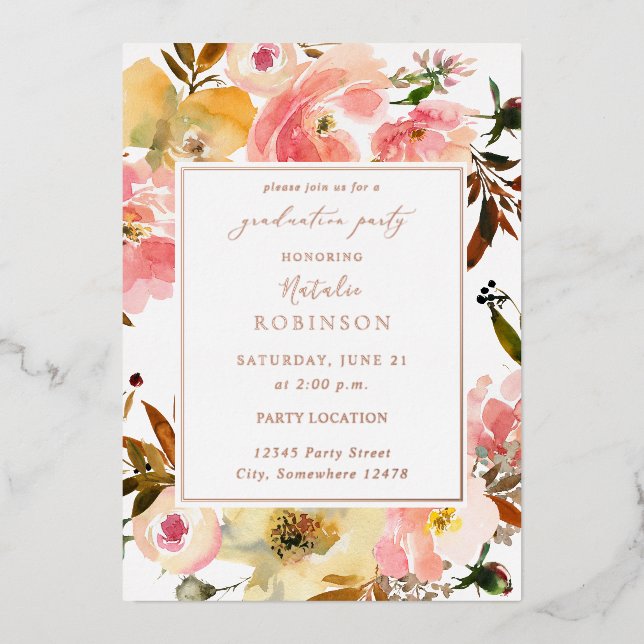 Candy Pink & Yellow Floral Graduation Party Foil Invitation (Front)