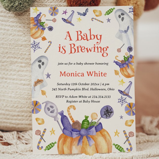 Candy Pumpkin Ghosts Halloween Baby Brewing Shower Invitation (Candy Pumpkin Ghosts Halloween Baby Brewing Shower Invitation)