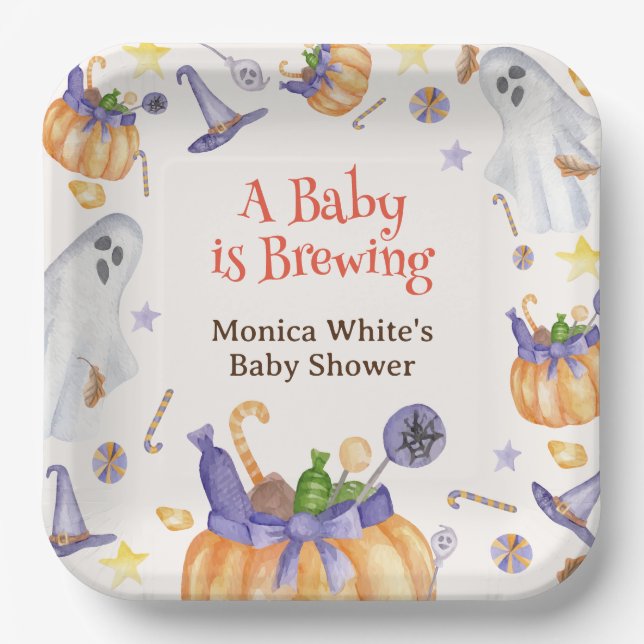 Candy Pumpkin Ghosts Halloween Baby Brewing Shower Paper Plates (Front)