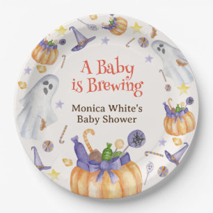 Candy Pumpkin Ghosts Halloween Baby Brewing Shower Paper Plates