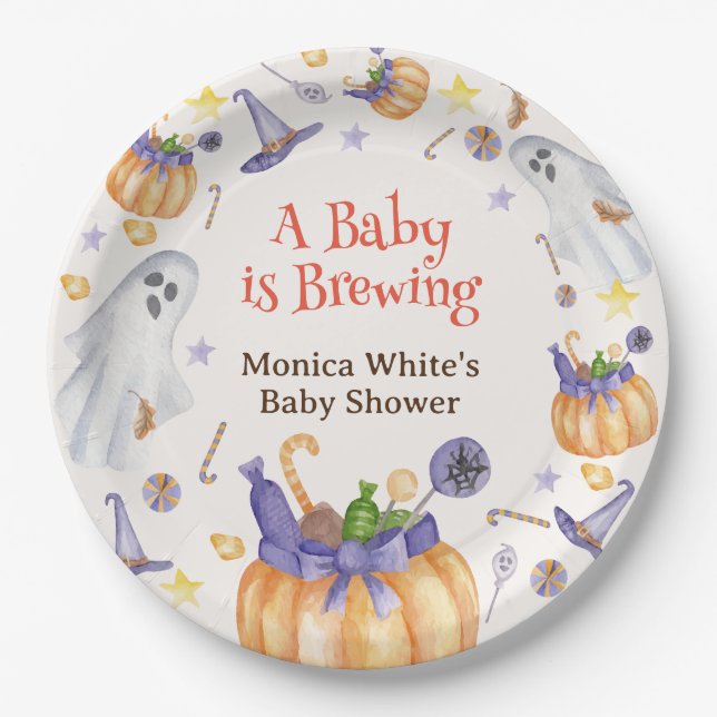 Candy Pumpkin Ghosts Halloween Baby Brewing Shower Paper Plates (Front)