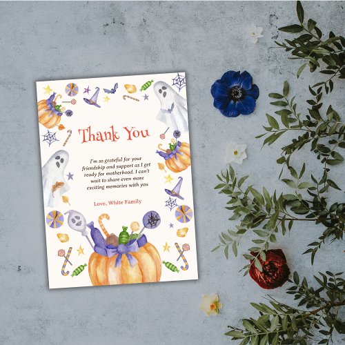 Candy Pumpkin Ghosts Halloween Baby Brewing Shower Thank You Card