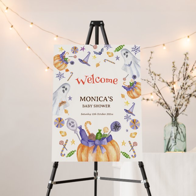 Candy Pumpkin Ghosts Halloween Baby Welcome Sign (In Situ (Stand))