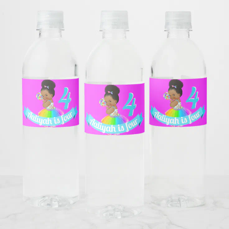 Candy Rainbow Afro Puff Baby Girl Water Bottle Label | Zazzle