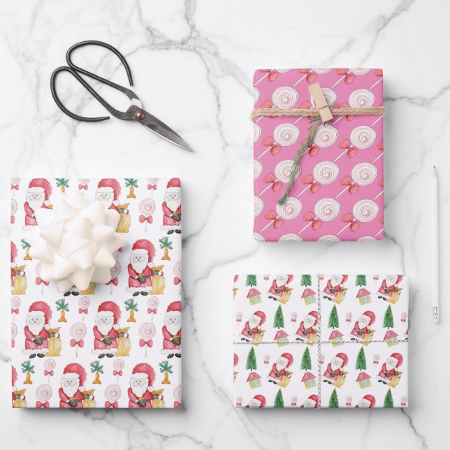 Candy Santa Christmas Pattern Watercolor Wrapping Paper Sheets (Front)