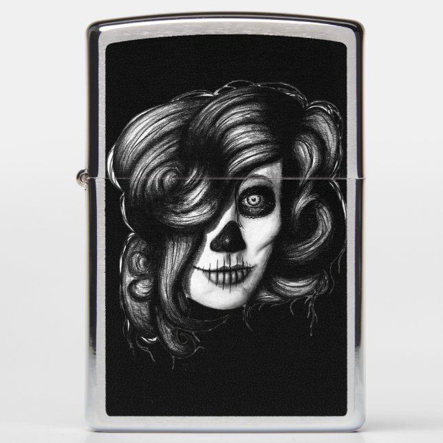 Candy Skull Day of the Dead Girl Drawing Zippo Lighter (Front)