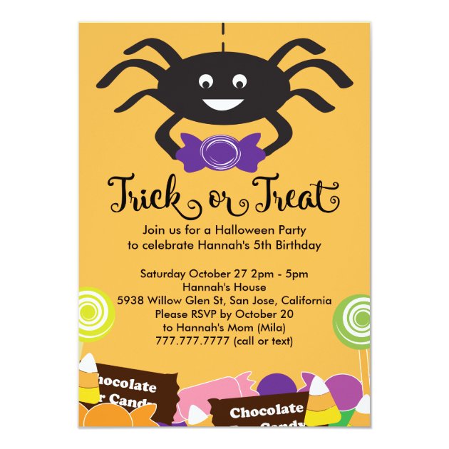 Candy Spider Halloween Birthday Party Invitation