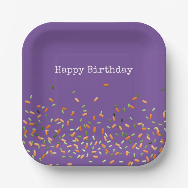 Candy Sprinkles Happy Birthday Orange Green Purple Paper Plates (Front)