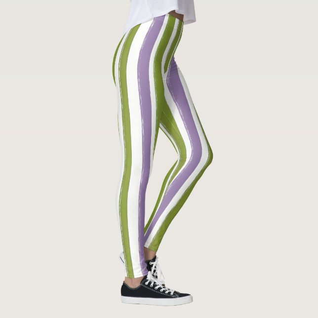 Candy Stripe Art Green Purple Vertical Stripe Leggings (Right)