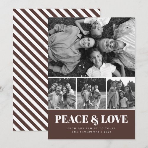 Candy Stripe Peace & Love Photo Collage - Brown Holiday Card