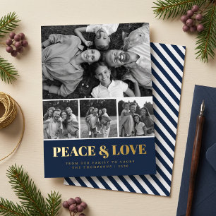 Candy Stripe Peace & Love Photo Collage Foil Navy Holiday Card