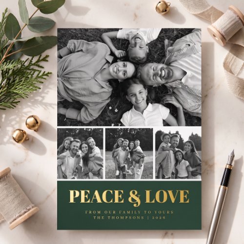 Candy Stripe Peace & Love Photo Collage - Green Foil Holiday Card