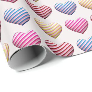 Candy Striped Pastel Color Hearts Wrapping Paper
