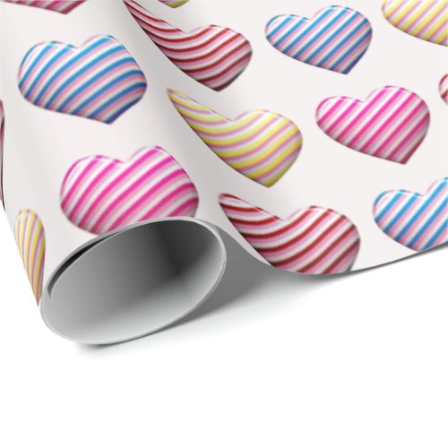 Candy Striped Pastel Color Hearts Wrapping Paper