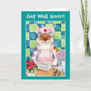 Candy striper nurse cat wishes Get Well Soon! Card