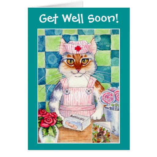 Candy striper nurse cat wishes Get Well Soon! Card | Zazzle