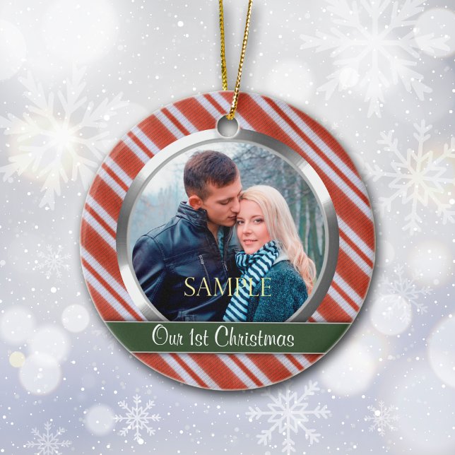 Candy Stripes First Christmas Photo Template Ceramic Ornament (Creator Uploaded)