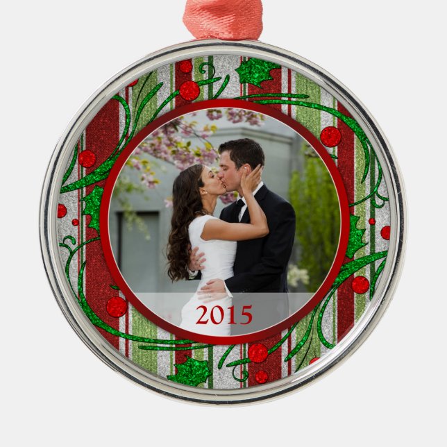 Candy Stripes First Christmas Together Photo Metal Ornament (Front)