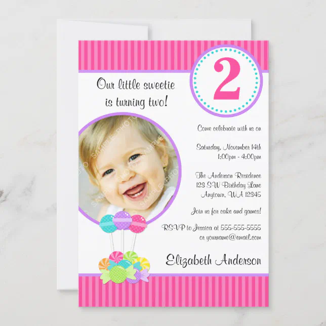 Candy Stripes Girl Photo Birthday Invitation 