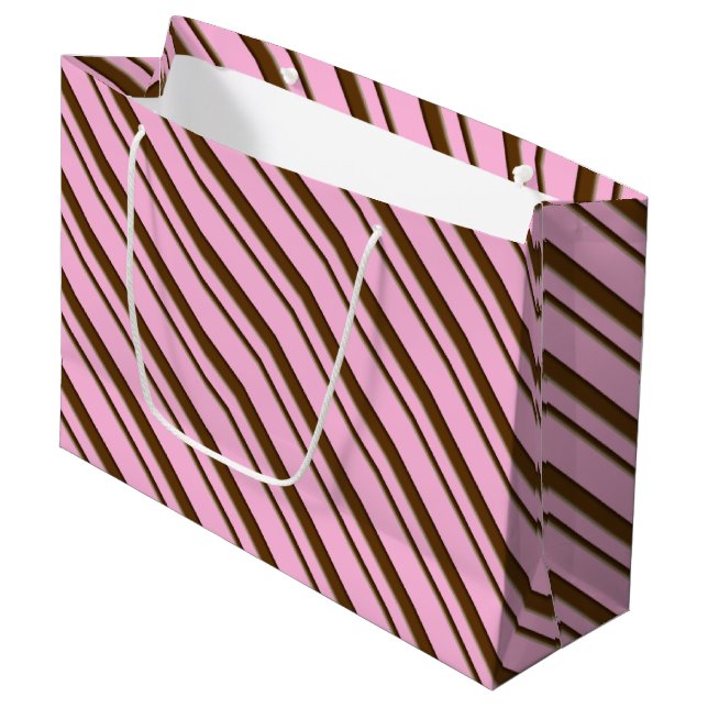 Candy Stripes, pink and chocolate brown Large Gift Bag (Front Angled)