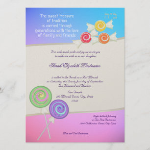 Candy Sweet Bat Mitzvah Blue Raspberry Invitation