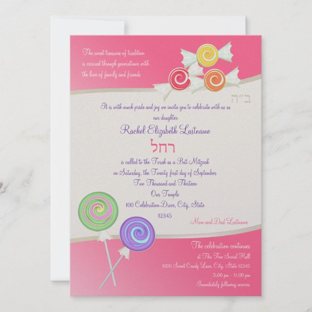 Candy Sweet Bat Mitzvah Watermelon Dark Pink Invitation (Front)