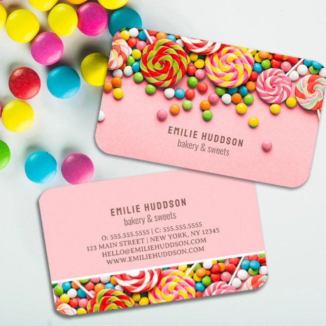 Candy Sweet, Cake Shop, Pastry  Shop  Business Card (#candythemed #bakeryshop #zazzlemade #sweetsshop)