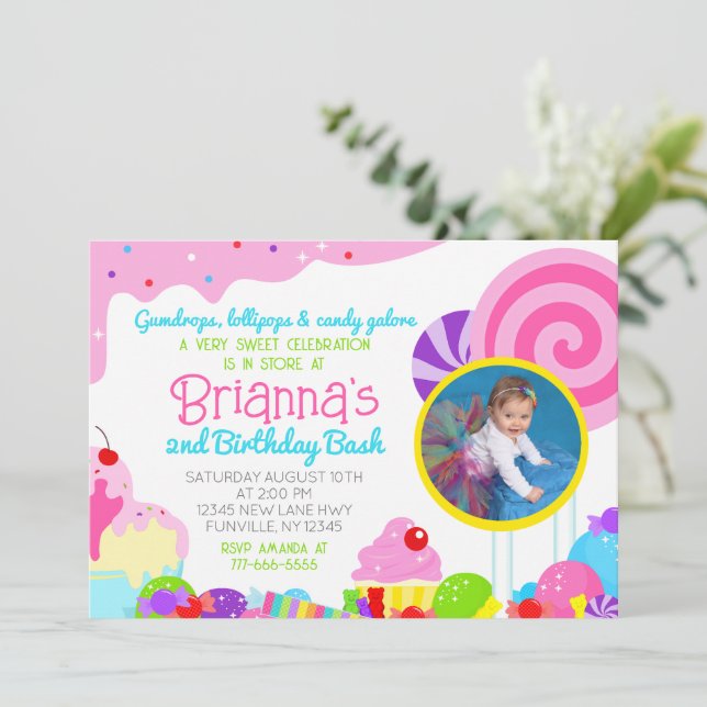 Candy Sweet Celebration Birthday Party Photo Invitation (Standing Front)