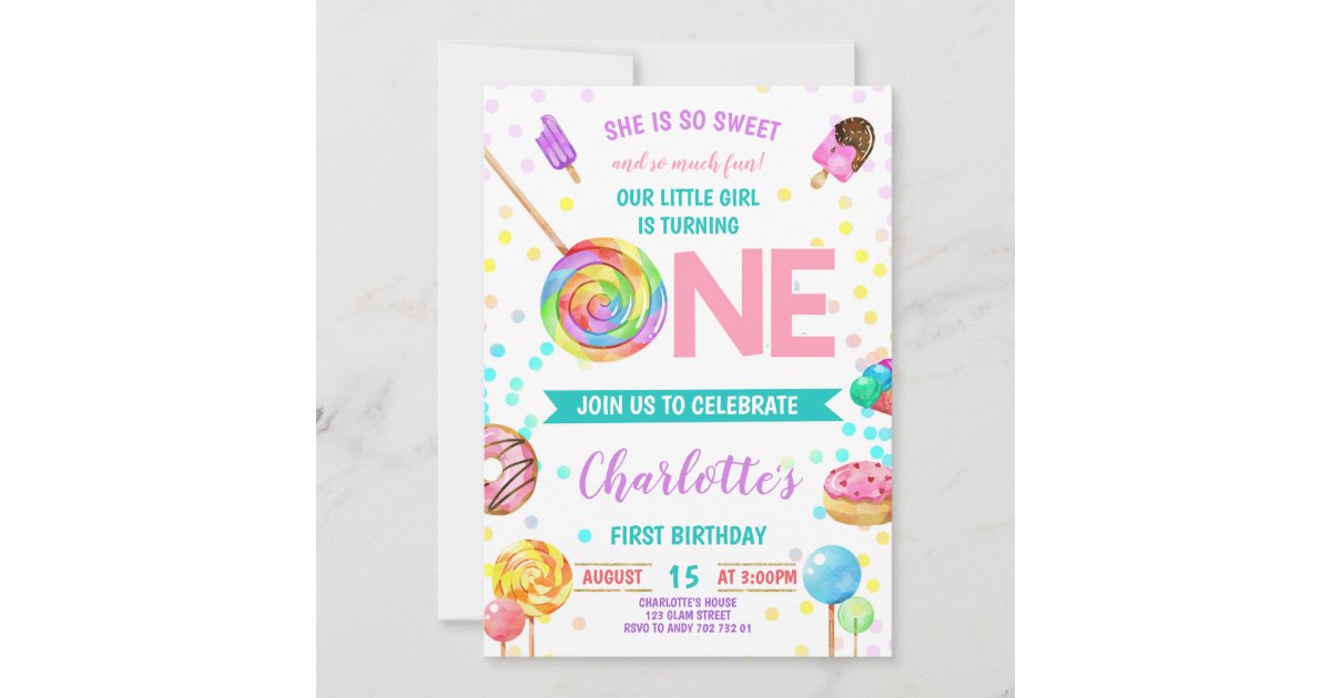 Candy Sweet Celebration ONE Girl First Birthday Invitation | Zazzle