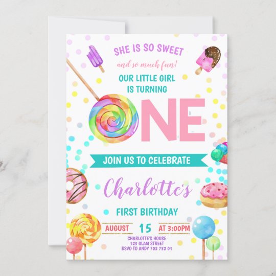 Candy Sweet Celebration ONE Girl First Birthday Invitation