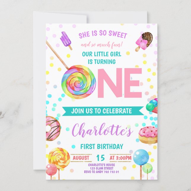 Candy Sweet Celebration ONE Girl First Birthday Invitation (Front)