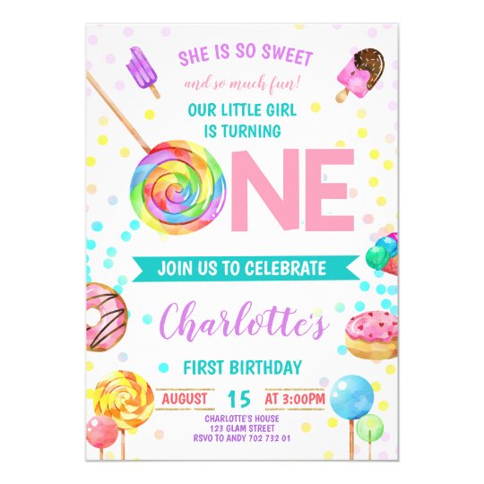 Candy Sweet Celebration ONE Girl First Birthday Invitation